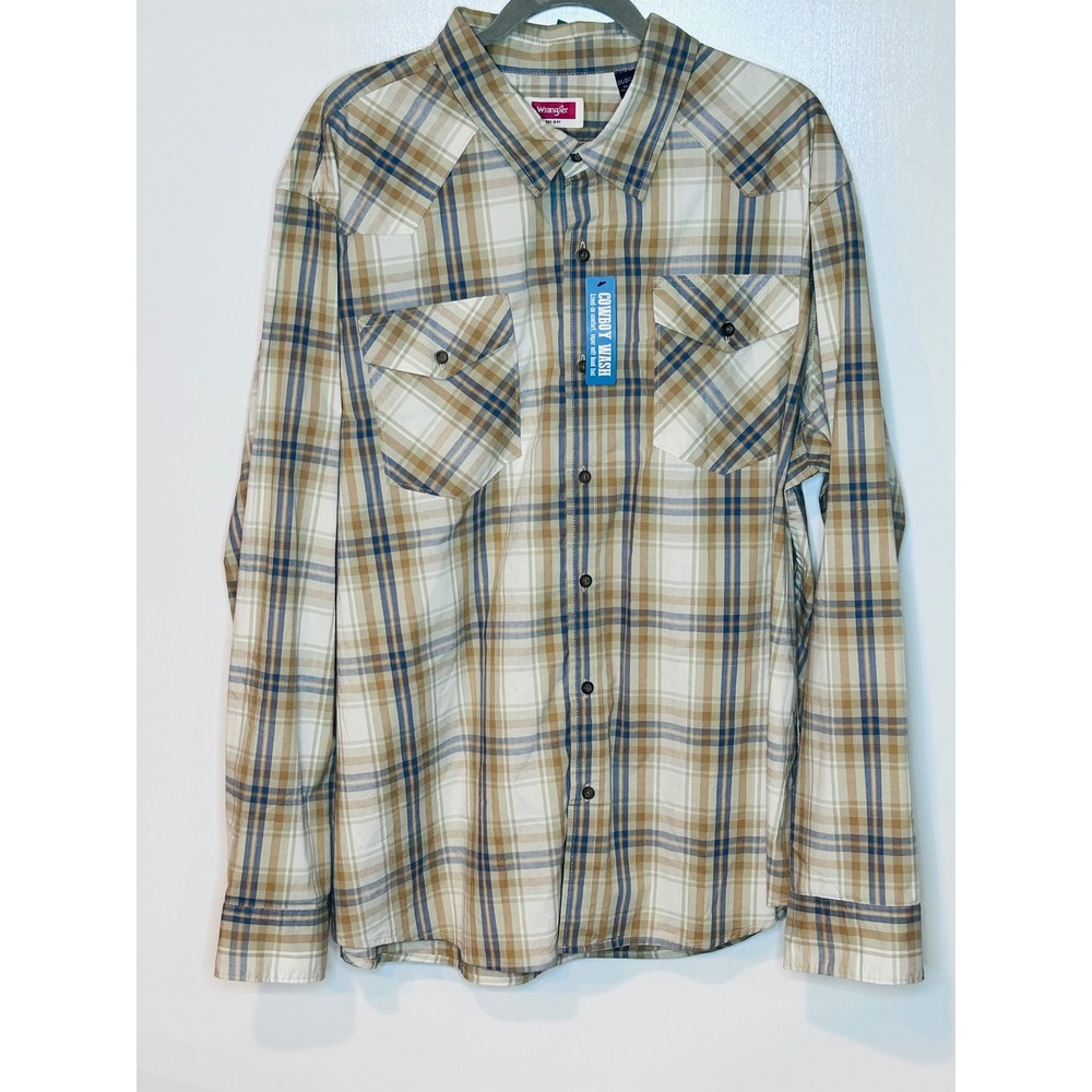 WRANGLER men's plaid slim fit shirt cowboy wash western 2X tan 112330928 NEW nwt